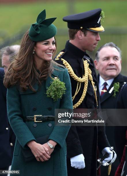 Catherine, Duchess of Cambridge and Prince William, Duke of Cambridge attend the St Patrick's Day parade at Mons Barracks on March 17, 2014 in...