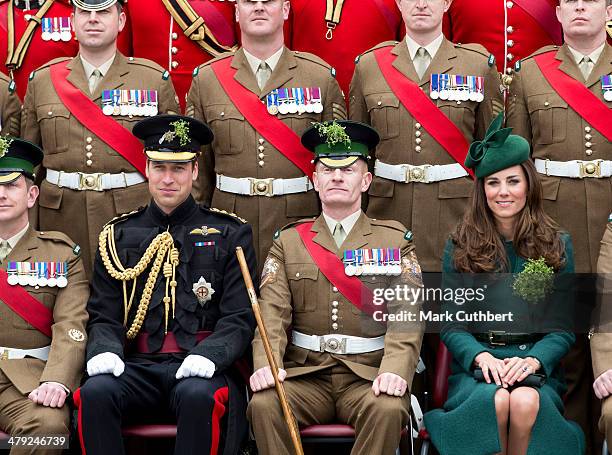 Catherine, Duchess of Cambridge and Prince William, Duke of Cambridge attend the St Patrick's Day parade at Mons Barracks on March 17, 2014 in...