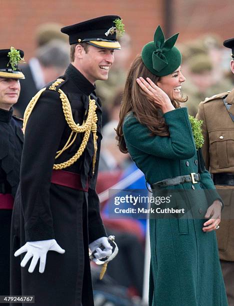 Catherine, Duchess of Cambridge and Prince William, Duke of Cambridge attend the St Patrick's Day parade at Mons Barracks on March 17, 2014 in...