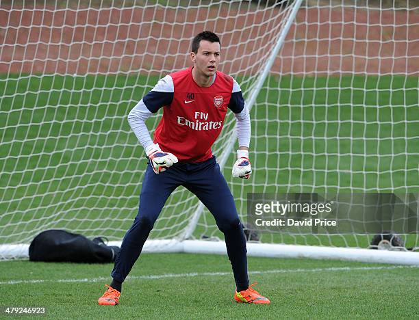 Dejan Iliev of Arsenal during their training session at London Colney on March 17, 2014 in St Albans, England.