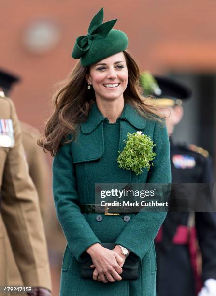 Catherine, Duchess of Cambridge attends the St Patrick's Day parade at Mons Barracks on March 17, 2014 in Aldershot, England.