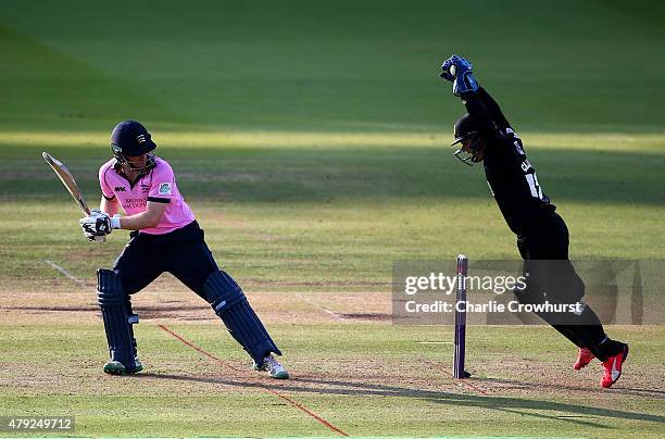 Craig Cachopa of Sussex celebrates as he catches out Eoin Morgan of Middlesex from the bowling of Steffan Piolet during the NatWest T20 Blast match...