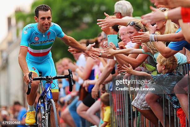 Vincenzo Niabli of Italy and the Astana Pro Team greets fans at the 2015 Tour de France Team Presentation, on July 2, 2015 in Utrecht. The 102nd Tour...