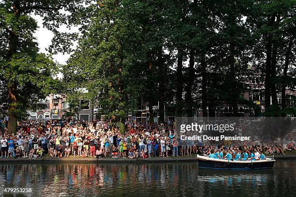 The Astana Pro Team arrives by canal boat with defending champion Vincenzo Nibali of Italy for the team presentation ahead of the 2015 Tour de France...