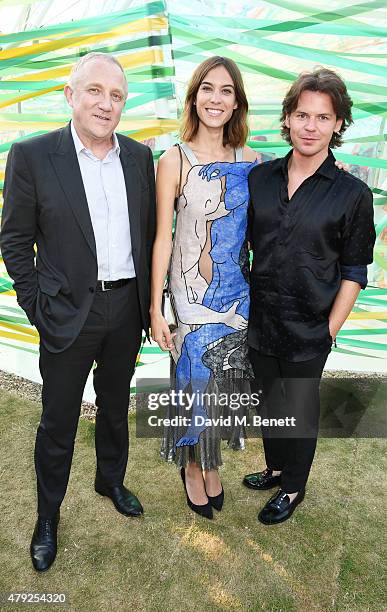 Francois Henri Pinault, Alexa Chung and Christopher Kane attend The Serpentine Gallery summer party at The Serpentine Gallery on July 2, 2015 in...