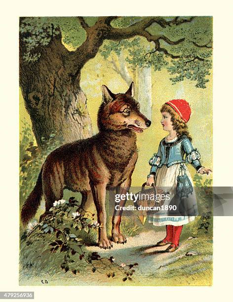 bildbanksillustrationer, clip art samt tecknat material och ikoner med little red riding hood and the wolf - rödluvan