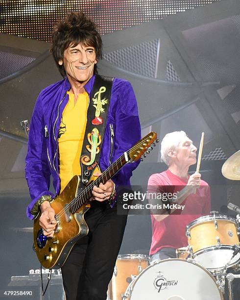 Ronnie Wood and Charlie Watts of The Rolling Stones perform at Carter Finley Stadium on July 1, 2015 in Raleigh, North Carolina.