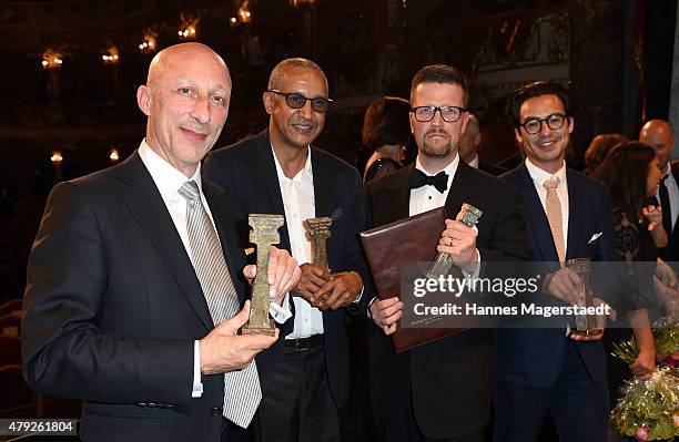Oliver Hirschbiegel, Abderrahmane Sissako; Klaus Haeroe and Burhan Qurbani attend the Bernhard Wicki Award 2015 during the Munich Film Festival at...