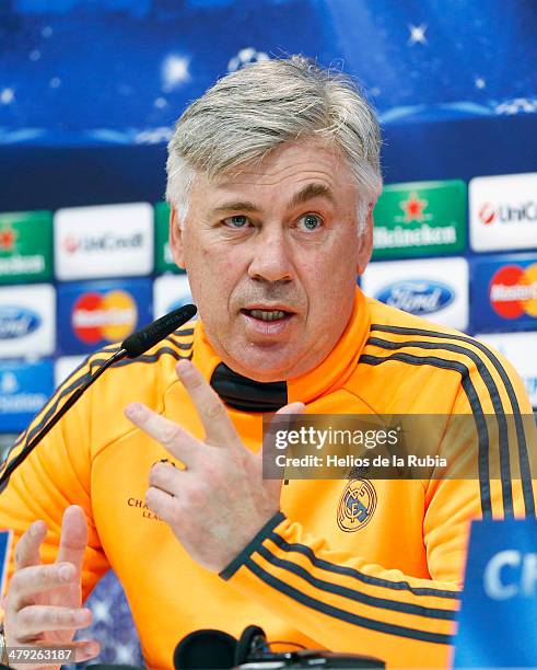 Head coach Carlo Ancelotti of Real Madrid looks on during a press conference ahead of their UEFA Champions League round of 16 second leg match...