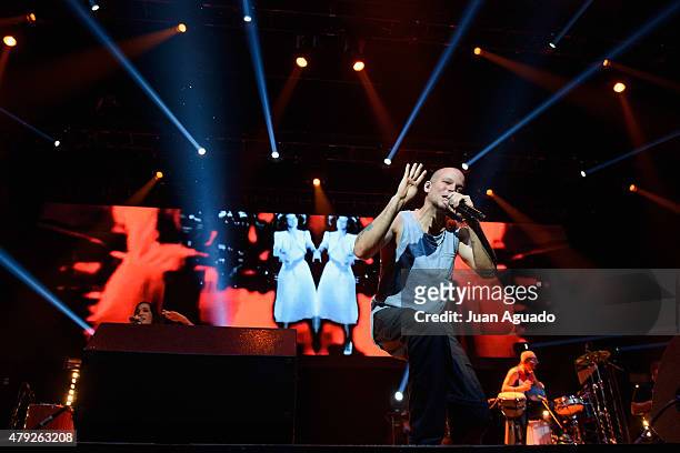 Rene Perez Joglar aka Residente of Calle 13 performs on stage at Barclaycard Center on July 2, 2015 in Madrid, Spain.