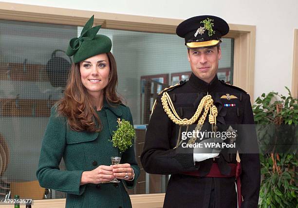 William, Duchess of Cambridge and Catherine, Duchess of Cambridge visit the 1st Battalion Irish Guards during the St Patrick's Day parade at Mons...