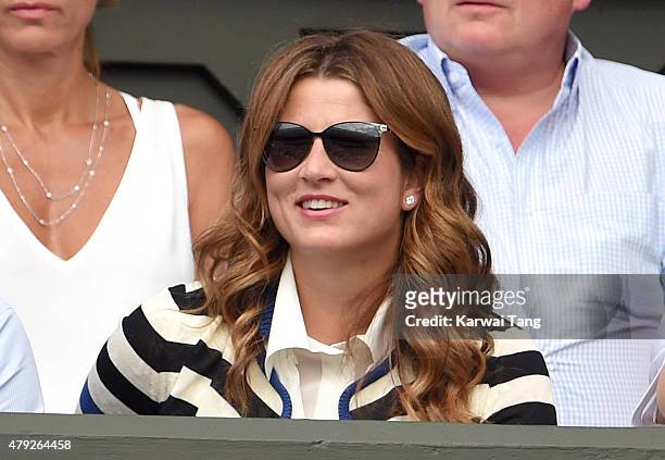 Mirka Federer attends the Sam Querry v Roger Federer match on day four of the Wimbledon Tennis Championships at Wimbledon on July 2, 2015 in London,...