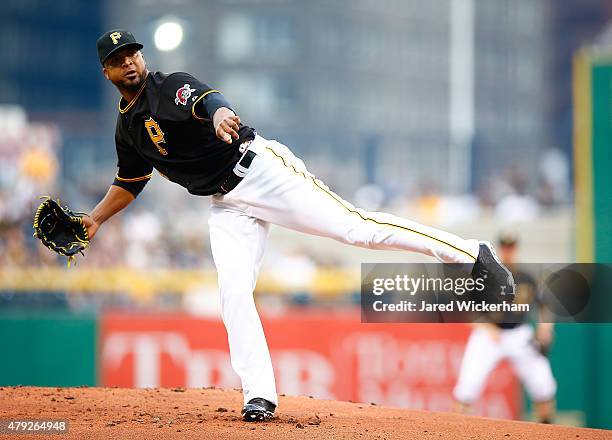 Francisco Liriano of the Pittsburgh Pirates pitches against the Atlanta Braves during the game at PNC Park on June 26, 2015 in Pittsburgh,...