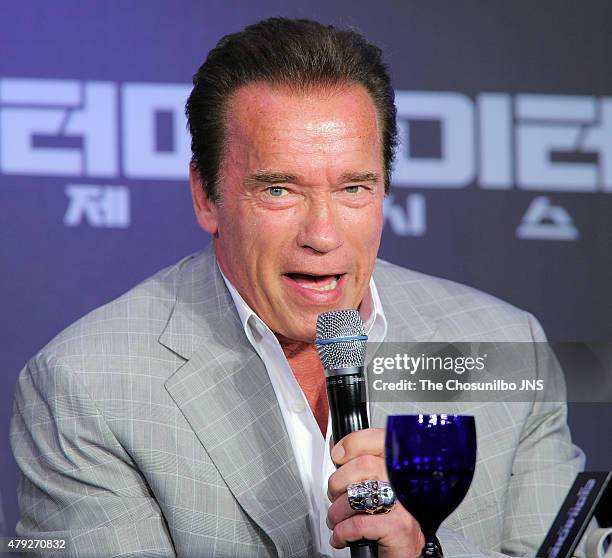 Arnold Schwarzenegger attends the movie 'Terminator Genisys' press conference at The Ritz Carlton on July 2, 2015 in Seoul, South Korea.