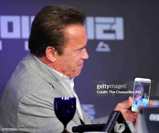 Arnold Schwarzenegger attends the movie 'Terminator Genisys' press conference at The Ritz Carlton on July 2, 2015 in Seoul, South Korea.