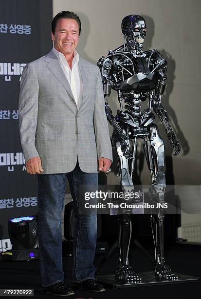 Arnold Schwarzenegger attends the movie 'Terminator Genisys' press conference at The Ritz Carlton on July 2, 2015 in Seoul, South Korea.