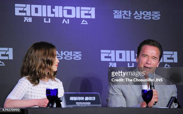 Emilia Clarke and Arnold Schwarzenegger attend the movie 'Terminator Genisys' press conference at The Ritz Carlton on July 2, 2015 in Seoul, South...