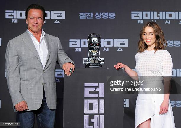 Arnold Schwarzenegger and Emilia Clarke attend the movie 'Terminator Genisys' press conference at The Ritz Carlton on July 2, 2015 in Seoul, South...