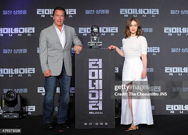 Arnold Schwarzenegger and Emilia Clarke attend the movie 'Terminator Genisys' press conference at The Ritz Carlton on July 2, 2015 in Seoul, South...