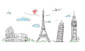Travel Europe Symbol sketch. Paris, Rome, London, Pisa