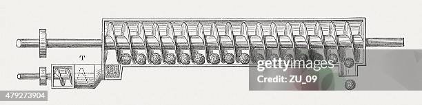 stockillustraties, clipart, cartoons en iconen met screw conveyor of a peat machine, wood engraving, published 1878 - briketts