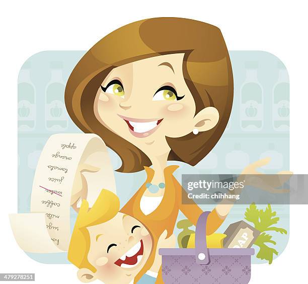 lebensmittel-einkaufsservice - mutter kind lachen zuhause stock-grafiken, -clipart, -cartoons und -symbole