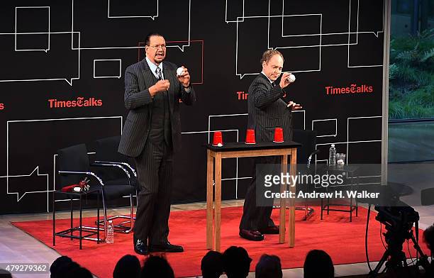 American illusionists Penn Jillette and Raymond Joseph Teller perform at 'Time Talks Presents: An Evening With Penn and Teller' at The Times Center...