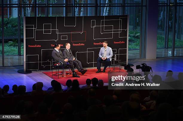 American illusionists Penn Jillette and Raymond Joseph Teller perform at 'Time Talks Presents: An Evening With Penn and Teller' at The Times Center...