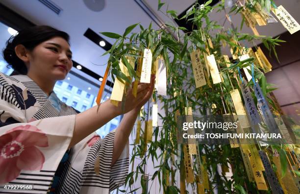 Model in an informal summer kimono called a "yukata" puts gold leaf cards containing wishes onto a bamboo decoration in celebration of "Tanabata" or...