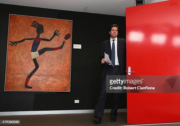 Gillon McLachlan speaks to media during a press conference at AFL House on July 3, 2015 in Melbourne, Australia. Gillon McLachlan announced that the...