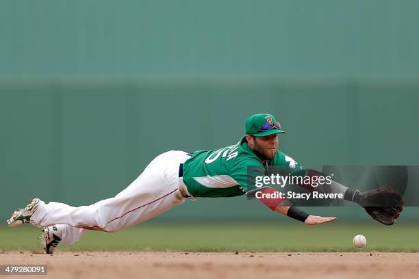 Dustin Pedroia of the Boston Red Sox dives for a ball in the fourth inning of a game against the St. Louis Cardinals at JetBlue Park at Fenway South...