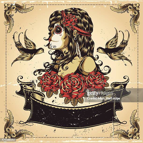 illustrations, cliparts, dessins animés et icônes de mexicaine fille en roses - vintage tattoo