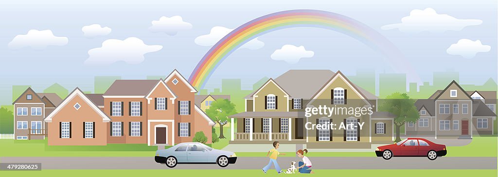 Residential Area Neighbour with Children Playing, Cars and Rainbow