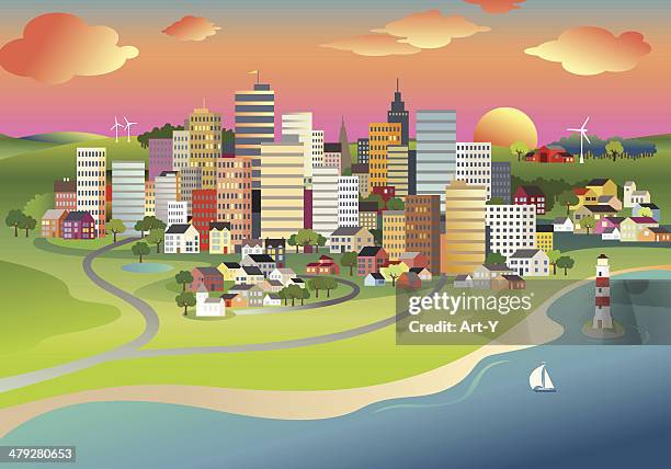 city sunrise - seaside town stock illustrations