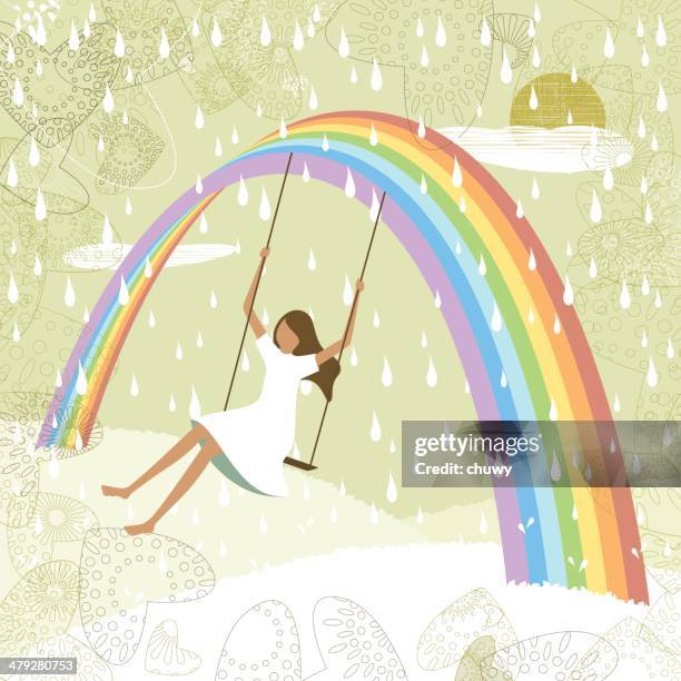 rainbow swing mädchen - schaukel regen stock-grafiken, -clipart, -cartoons und -symbole
