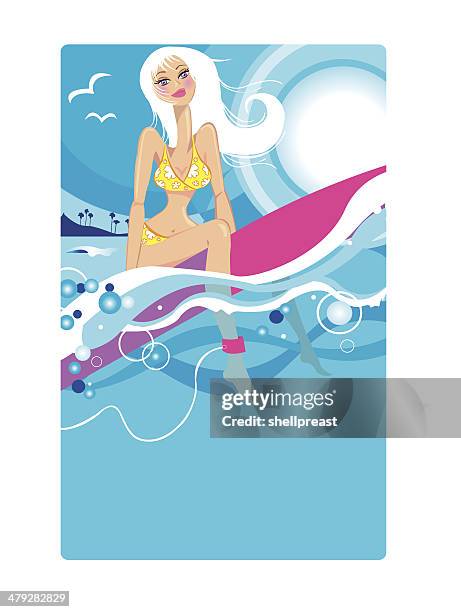 bikini girl on surfboard - salt air stock illustrations