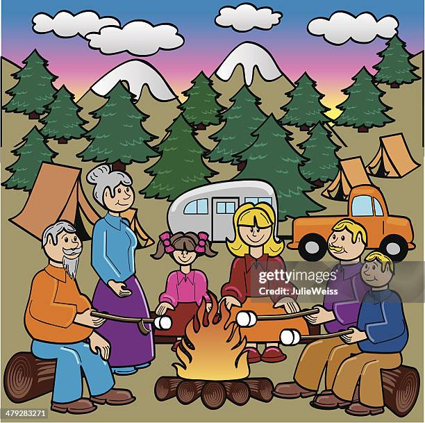 illustrations, cliparts, dessins animés et icônes de famille faire du camping rôtir des marshmallows - mamie cuisine