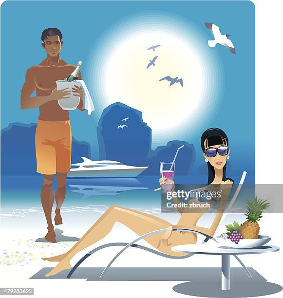 couple on the beach - drinking champagne beach stock illustrations