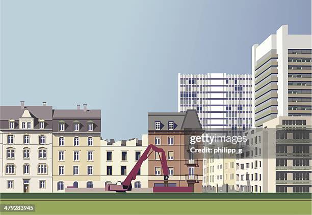 skyscrapers move closer - gentrification stock illustrations