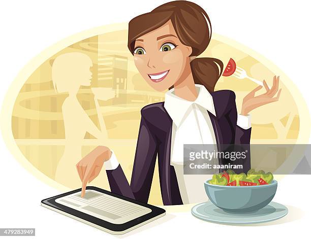 stockillustraties, clipart, cartoons en iconen met woman having lunch while using tablet computer - pretty brunette woman cartoon
