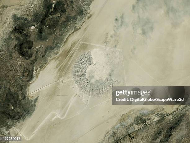 This is a DigitalGlobe via Getty Images satellite image "overview" of the Burning Man Festival in Black Rock City Nevada. Imagery collected on August...