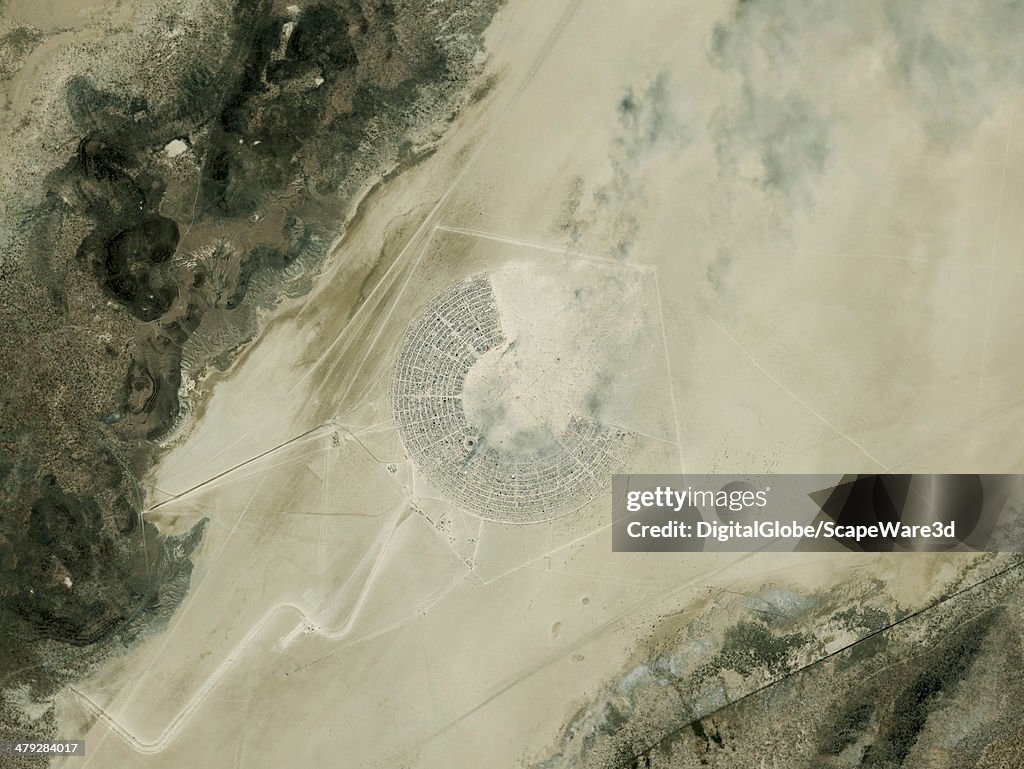 This is a DigitalGlobe satellite image "overview" of the Burning Man Festival in Black Rock City Nevada.