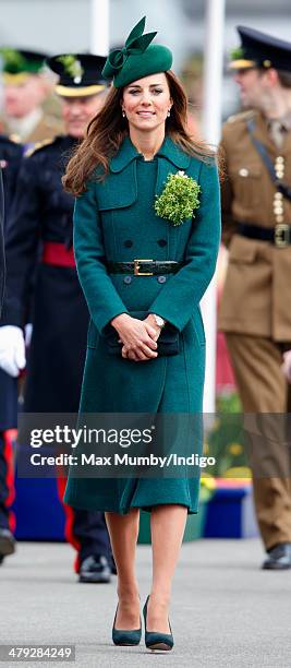 Catherine, Duchess of Cambridge attends the St Patrick's Day Parade at Mons Barracks on March 17, 2014 in Aldershot, England. Catherine, Duchess of...