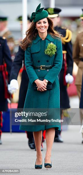 Catherine, Duchess of Cambridge attends the St Patrick's Day Parade at Mons Barracks on March 17, 2014 in Aldershot, England. Catherine, Duchess of...