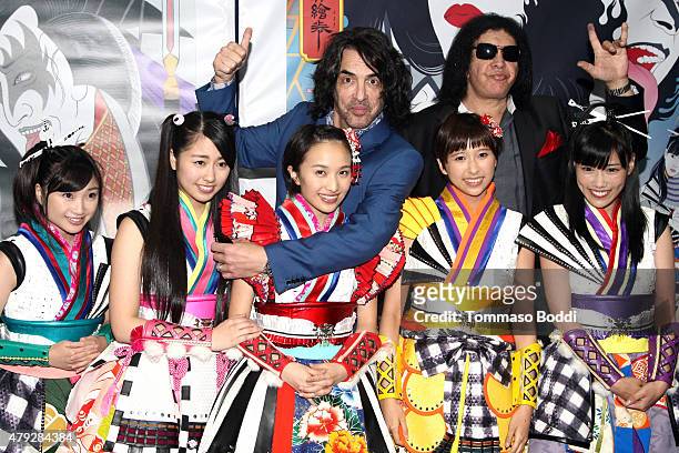 Musicians Paul Stanley, Gene Simmons and Momoiro Clover Z attend the press conference and concert hosted by KISS members Gene Simmons and Paul...