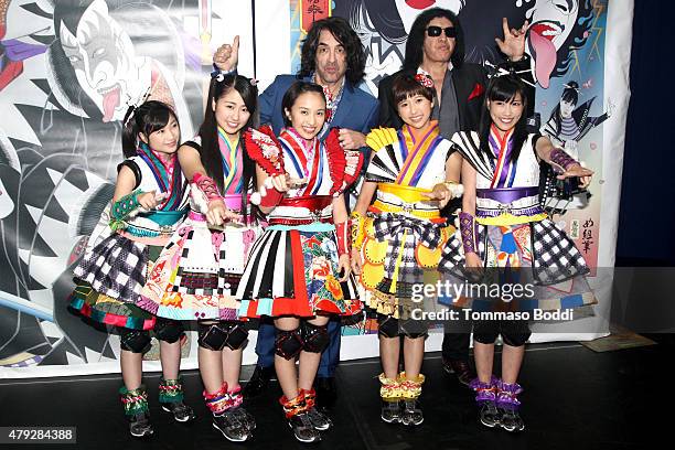 Musicians Paul Stanley, Gene Simmons and Momoiro Clover Z attend the press conference and concert hosted by KISS members Gene Simmons and Paul...