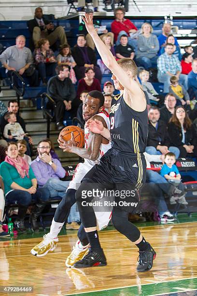 Tyshawn Taylor of the Maine Red Claws drives against Micah Downs of the Erie BayHawks on March 16, 2014 at the Portland Expo in Portland, Maine. NOTE...