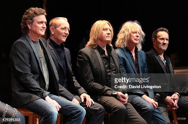 Def Leppard members Rick Allen, Phil Collen, Joe Elliot, Rick Savage and Vivian Campbell attend the KISS and Def Leppard press announcement at House...