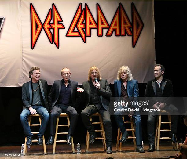 Def Leppard members Rick Allen, Phil Collen, Joe Elliot, Rick Savage and Vivian Campbell attend the KISS and Def Leppard press announcement at House...