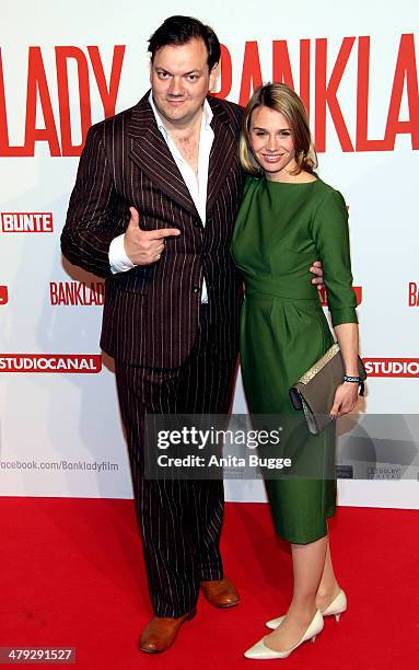 Actor Charly Huebner and actress Nadeshda Brennicke attends the 'Banklady' premiere at Kino International on March 17, 2014 in Berlin, Germany.